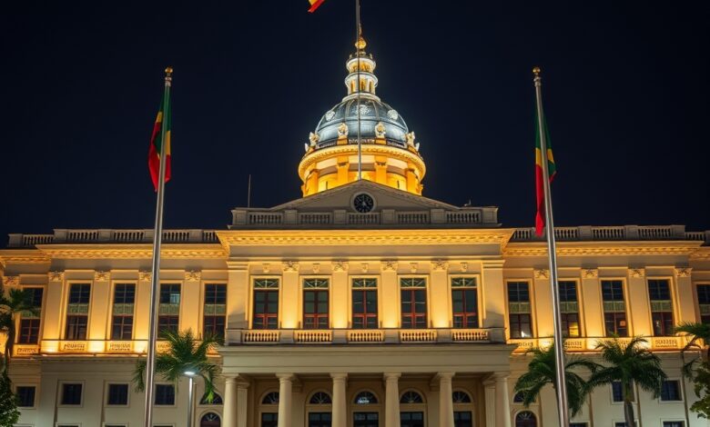 Cúpula de edifício governamental com mastros de bandeiras em plano médio e iluminação suave e sóbria
