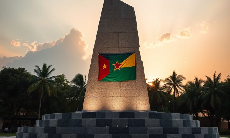 Monumento público de pedra com bandeira nacional ao fundo sob céu límpido ao entardecer.