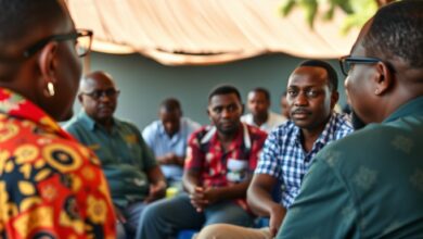 Cidadãos reunidos num fórum comunitário ao ar livre debatendo questões sociais em Moçambique.