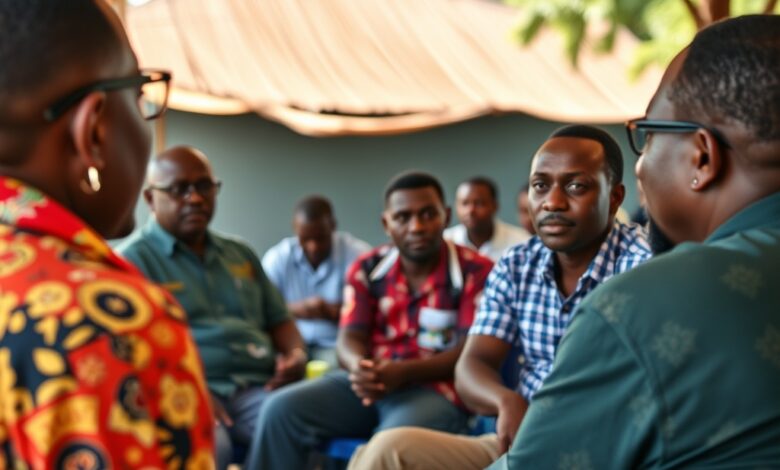 Cidadãos reunidos num fórum comunitário ao ar livre debatendo questões sociais em Moçambique.