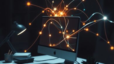 Computador moderno em escritório escuro exibindo gráficos abstratos de redes neurais luminosas sem pessoas visíveis.
