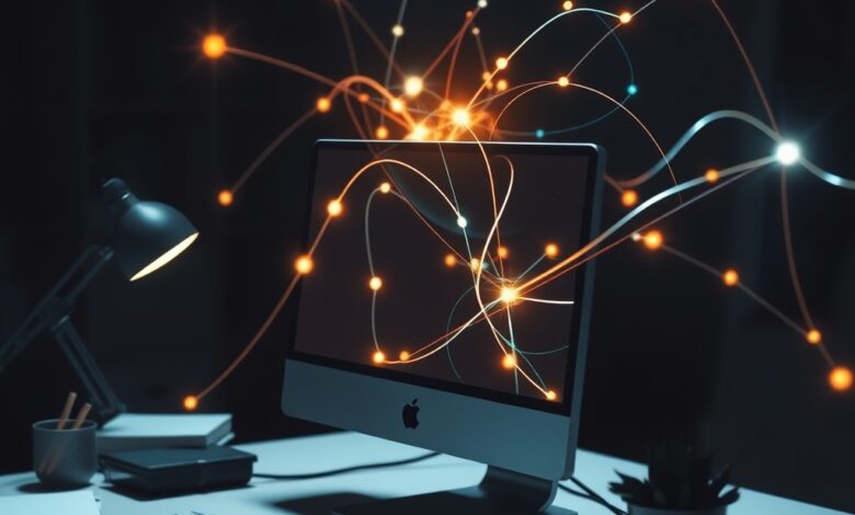 Computador moderno em escritório escuro exibindo gráficos abstratos de redes neurais luminosas sem pessoas visíveis.