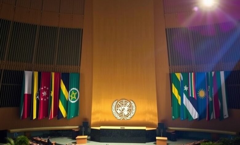 Púlpito de madeira polida diante do plenário iluminado da Assembleia Geral da ONU com bandeiras internacionais ao fundo.