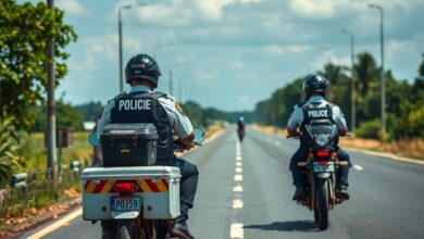 Viatura de patrulha policial posicionada em estrada regional durante diligências de segurança pública transfronteiriça