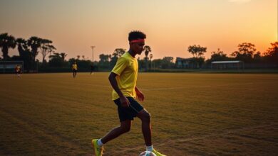 Jovem futebolista a treinar com bola num campo relvado sob a luz suave do entardecer.