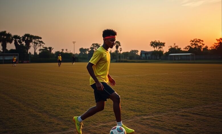 Jovem futebolista a treinar com bola num campo relvado sob a luz suave do entardecer.