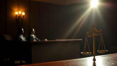 Tribunal e balança da justiça iluminada representando a busca por transparência legal e segurança pública em Moçambique.