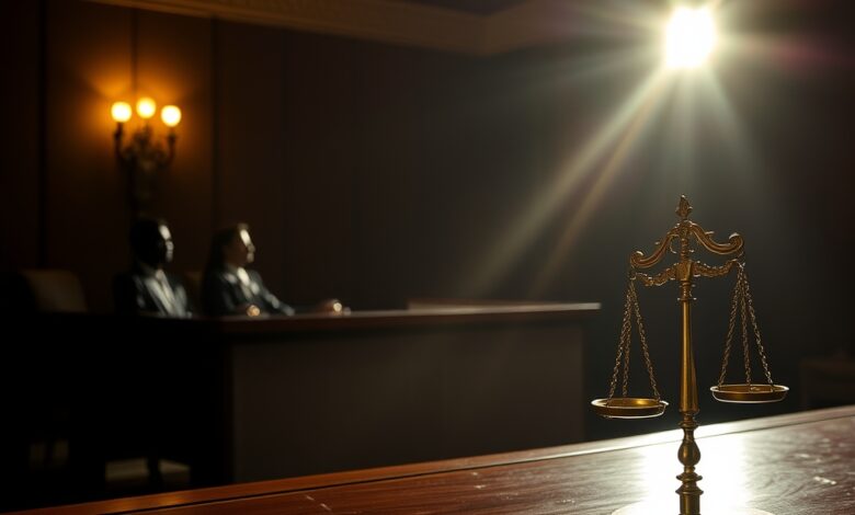 Tribunal e balança da justiça iluminada representando a busca por transparência legal e segurança pública em Moçambique.