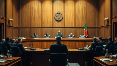 Tribunal com mesa de magistrados em plenário iluminado com livros jurídicos e martelo da justiça