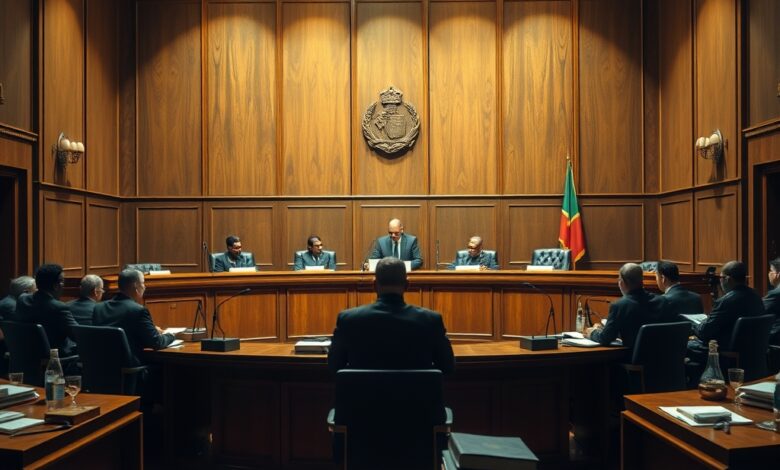 Tribunal com mesa de magistrados em plenário iluminado com livros jurídicos e martelo da justiça