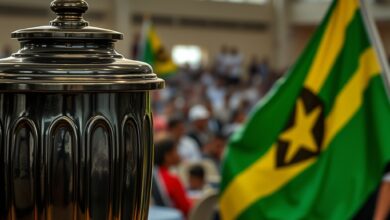 Urna de voto e bandeira nacional num centro eleitoral durante contagem de votos oficiais sem pessoas visíveis