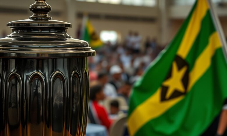 Urna de voto e bandeira nacional num centro eleitoral durante contagem de votos oficiais sem pessoas visíveis