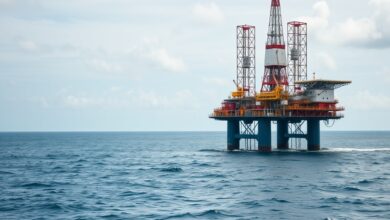 Plataforma marítima de produção petrolífera ao entardecer no oceano, simbolizando a exploração de hidrocarbonetos.