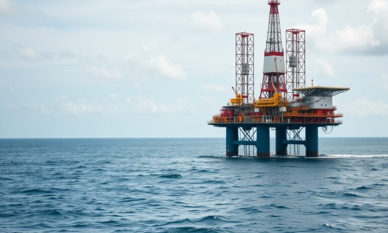 Plataforma marítima de produção petrolífera ao entardecer no oceano, simbolizando a exploração de hidrocarbonetos.