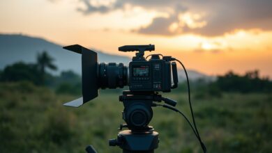Câmara de cinema profissional montada num tripé durante uma rodagem cinematográfica num estúdio silencioso.