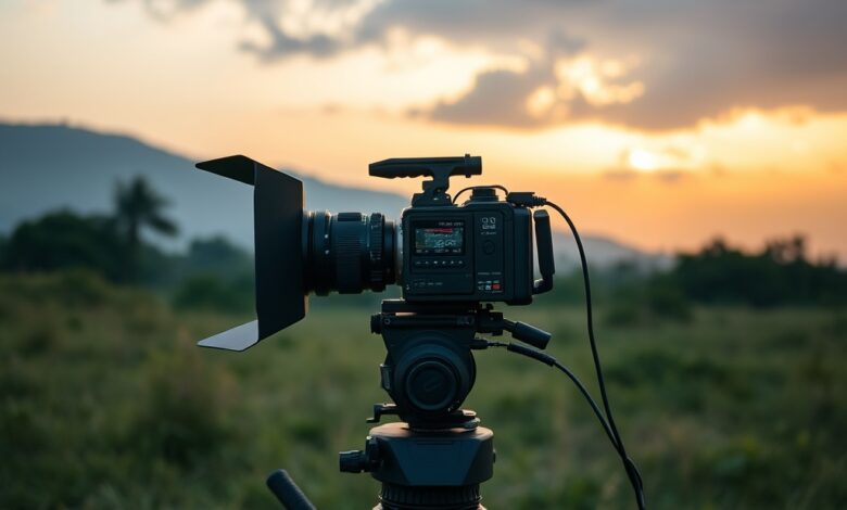 Câmara de cinema profissional montada num tripé durante uma rodagem cinematográfica num estúdio silencioso.
