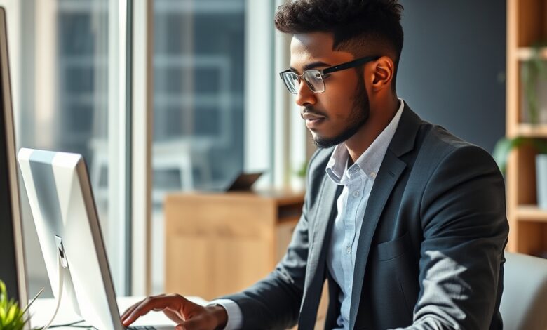 Jovem profissional a utilizar computador portátil num escritório moderno focado em capacitação e negócios.