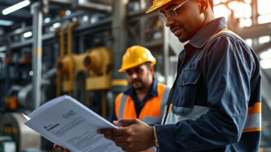 Engenheiros industriais com capacetes a analisar documentos técnicos numa central energética moderna em ambiente de trabalho.