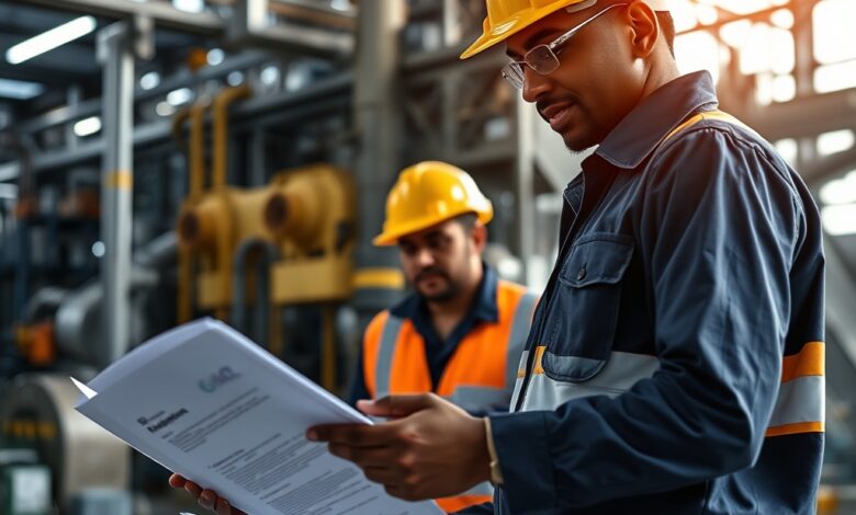 Engenheiros industriais com capacetes a analisar documentos técnicos numa central energética moderna em ambiente de trabalho.