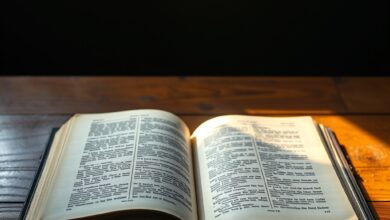 Exemplar antigo de escrituras sagradas aberto sobre mesa de madeira rústica iluminada por luz suave natural