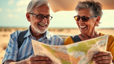Casal de idosos sorridentes a consultar um mapa durante viagem num destino ensolarado e tranquilo