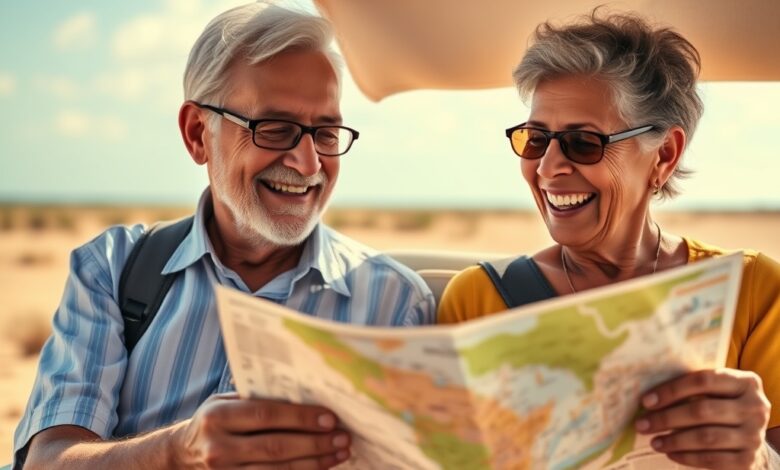 Casal de idosos sorridentes a consultar um mapa durante viagem num destino ensolarado e tranquilo