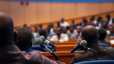 Tribuna de discursos com microfones e fundo azul num auditório internacional com luz suave.