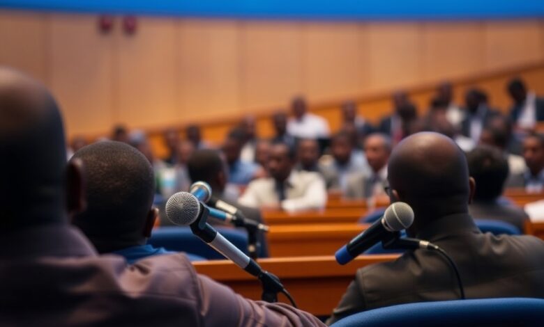 Tribuna de discursos com microfones e fundo azul num auditório internacional com luz suave.