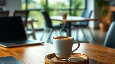Chavena de cafe fumegante sobre uma mesa de madeira num ambiente de trabalho moderno e tranquilo