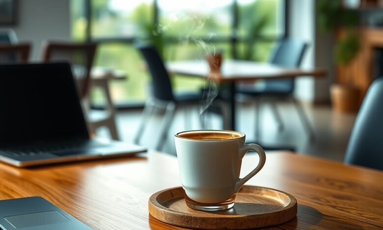 Chavena de cafe fumegante sobre uma mesa de madeira num ambiente de trabalho moderno e tranquilo