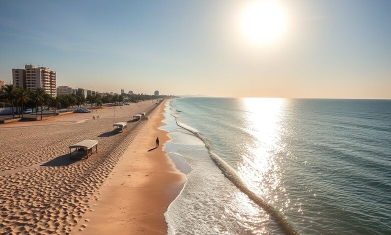 Vista panorâmica da praia da Costa do Sol em Maputo com faixa de areia e mar calmo sob sol radiante.