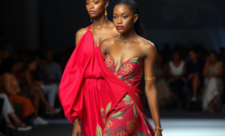 Passarela de desfile de moda vazia sob iluminacao suave e focos cenograficos sem presenca de modelos
