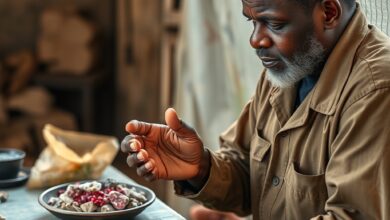 Trabalhador com luvas a examinar pedras preciosas brutas e rubis vermelhos recém-extraídos em mesa de triagem.