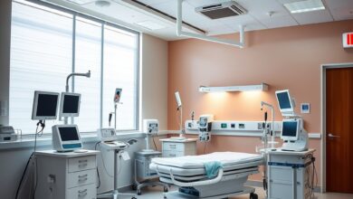 Sala hospitalar moderna com equipamento de infusão médica para quimioterapia em ambiente clínico e iluminado.