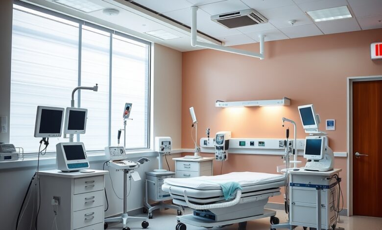 Sala hospitalar moderna com equipamento de infusão médica para quimioterapia em ambiente clínico e iluminado.