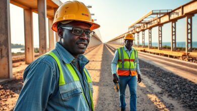 Trabalhadores da construção civil em obra de infraestrutura rodoviária numa zona costeira sob luz natural