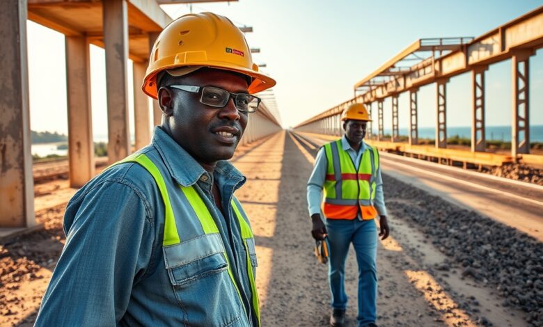 Trabalhadores da construção civil em obra de infraestrutura rodoviária numa zona costeira sob luz natural