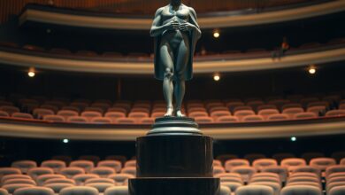 Estatueta dourada de premiação de televisão sobre pedestal de mármore em iluminação suave de auditório.
