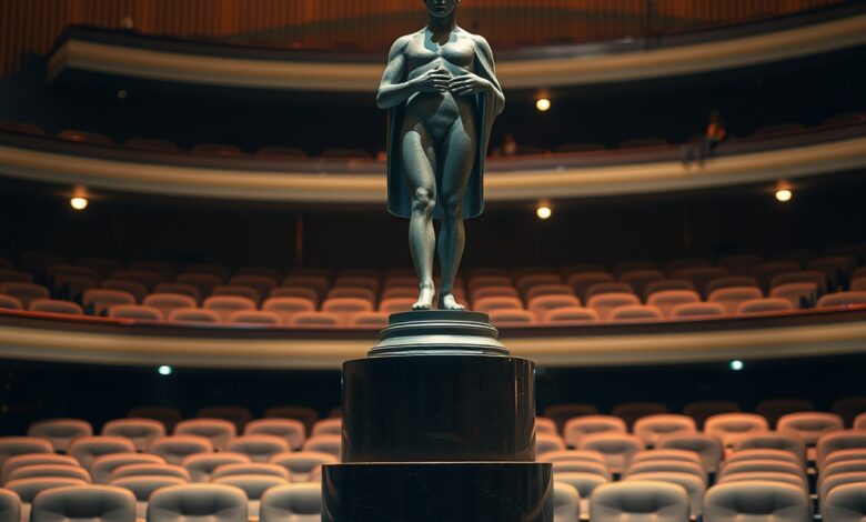 Estatueta dourada de premiação de televisão sobre pedestal de mármore em iluminação suave de auditório.