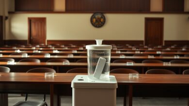 Câmara de votação eleitoral vazia com uma urna de voto electrónico sobre a mesa