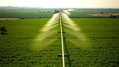 Canais de irrigação agrícola modernos atravessando extensos campos verdes sob a luz matinal em Moçambique