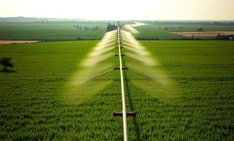 Canais de irrigação agrícola modernos atravessando extensos campos verdes sob a luz matinal em Moçambique