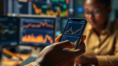 Mão a segurar smartphone a exibir gráficos financeiros e dados digitais num ambiente executivo com iluminação suave