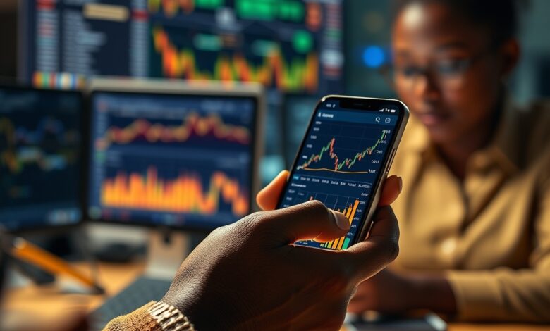 Mão a segurar smartphone a exibir gráficos financeiros e dados digitais num ambiente executivo com iluminação suave