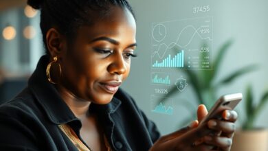 Pessoa segura smartphone com graficos financeiros e interfaces digitais em ambiente iluminado de forma suave.