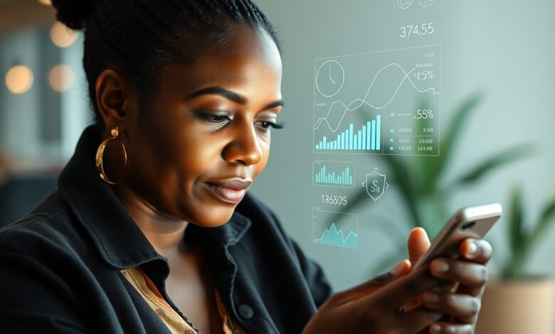 Pessoa segura smartphone com graficos financeiros e interfaces digitais em ambiente iluminado de forma suave.