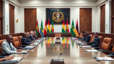Documentos oficiais sobre uma mesa de reuniões diplomáticas num gabinete governamental com bandeiras desfocadas ao fundo