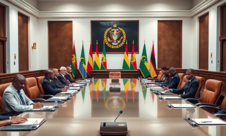 Documentos oficiais sobre uma mesa de reuniões diplomáticas num gabinete governamental com bandeiras desfocadas ao fundo