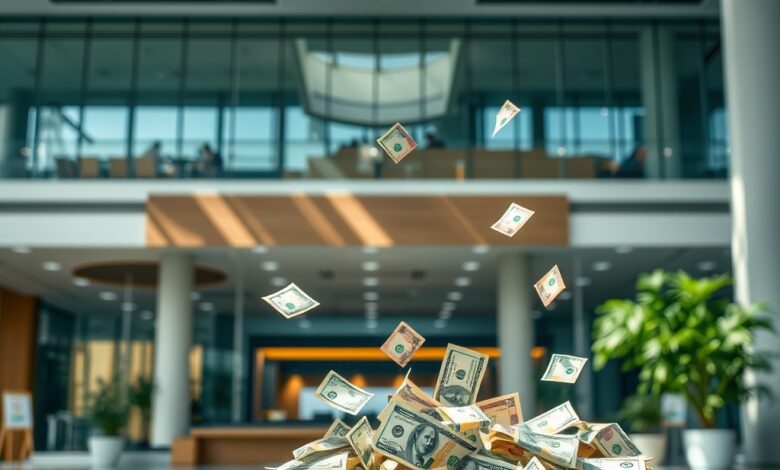 Cofre bancário moderno aberto exibindo pilhas de notas de moeda estrangeira num ambiente financeiro institucional.