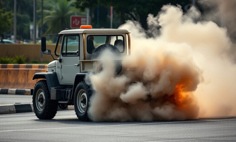 Veículo em manobra de derrapagem controlada levantando fumo de pneus numa pista de asfalto urbano ao entardecer.